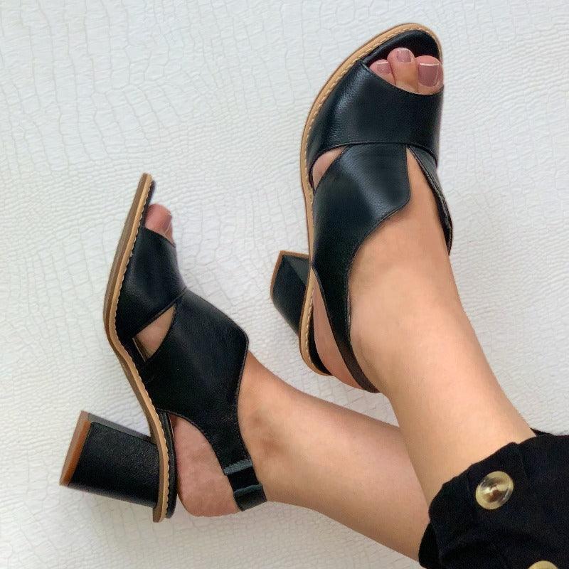 Women’s leather sandals with heel & comfort footbed – Selina