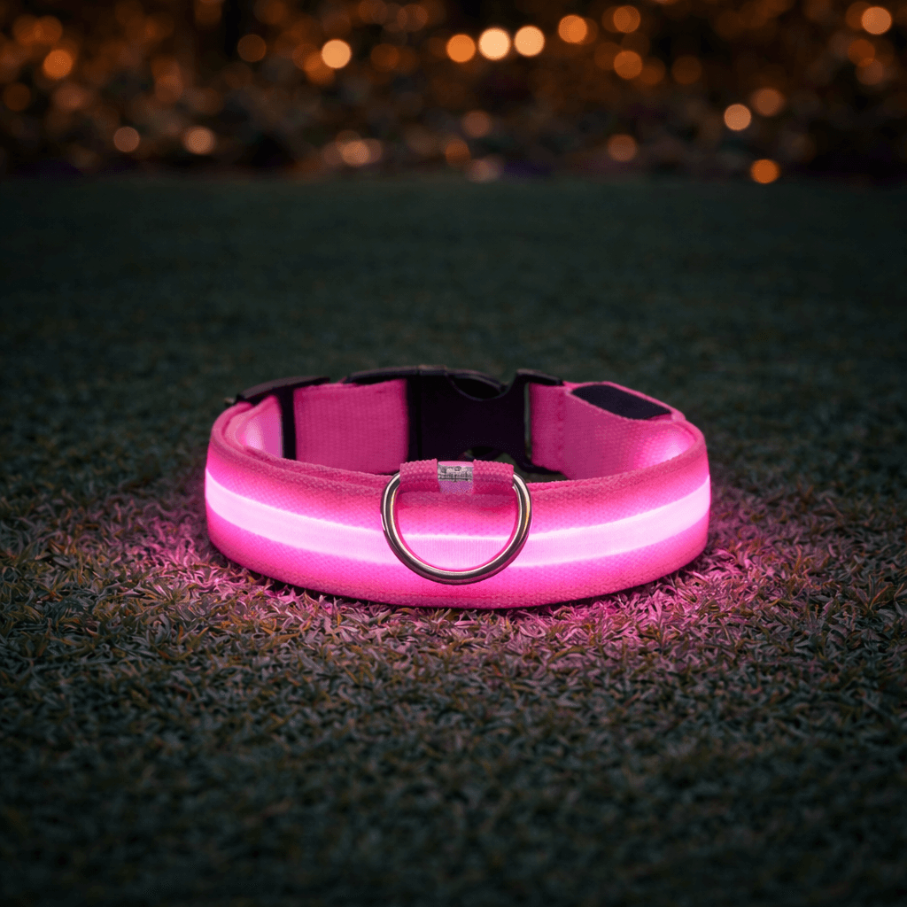 Pink collar glowing on dark grass at night, casting a pink light onto the blades around it. 7