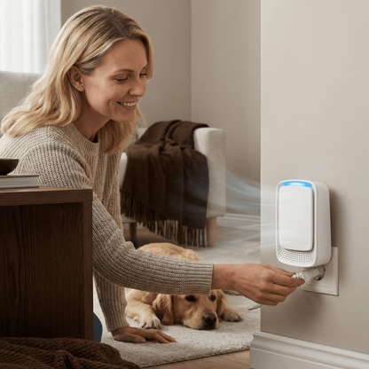 Smiling woman plugging the ioniser into a wall socket, with a dog lying on the rug behind her 5