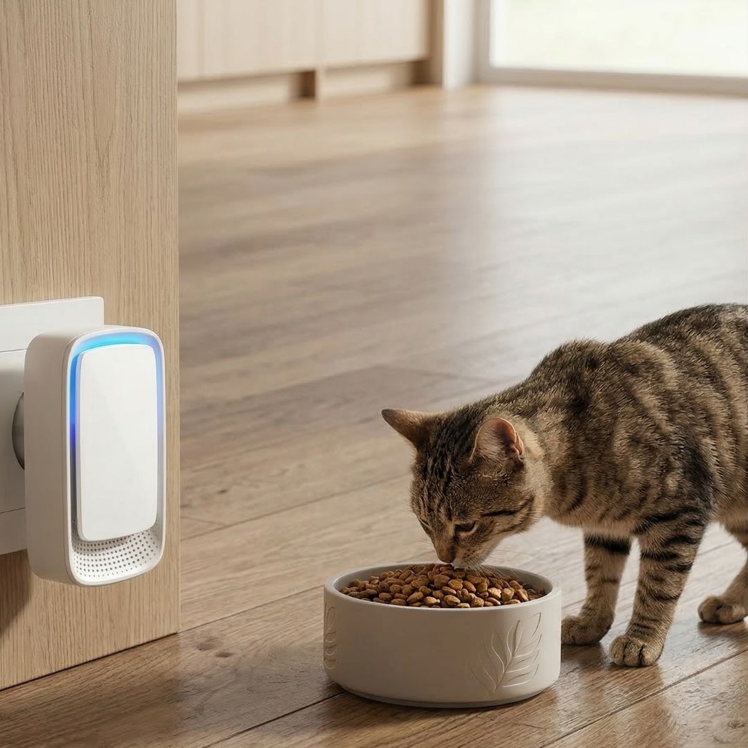 Ioniser plugged into a wall at left while a tabby cat eats from a bowl on a wooden floor 6