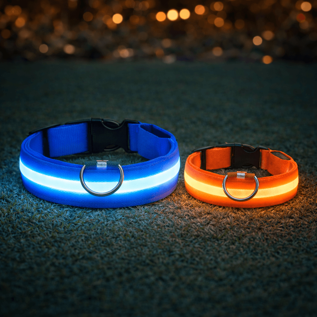 Large blue collar and smaller orange collar, both lit up, side by side on dark grass with blurred lights behind. 6