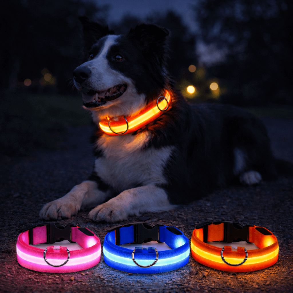 Border collie lying on a dark path at night wearing a glowing orange collar, with pink, blue and orange collars in front. 3