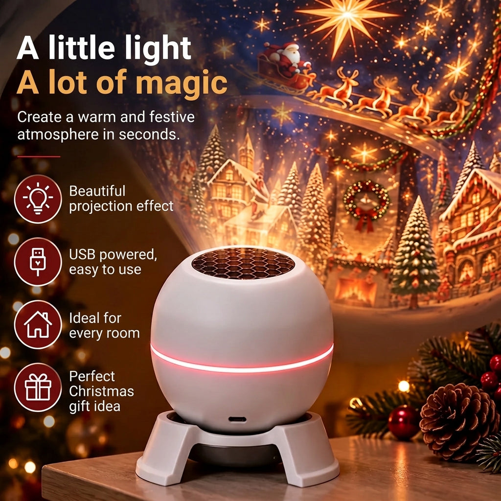 Close-up of the white spherical projector on a stand with honeycomb top and red glow band, beside pine cones, projecting a festive village scene. 2