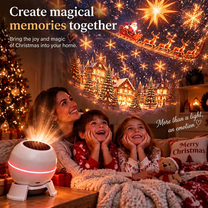 Smiling mother and two children in Christmas pyjamas look up at a wall of projected Santa, reindeer and snowy houses, projector beside them. 4