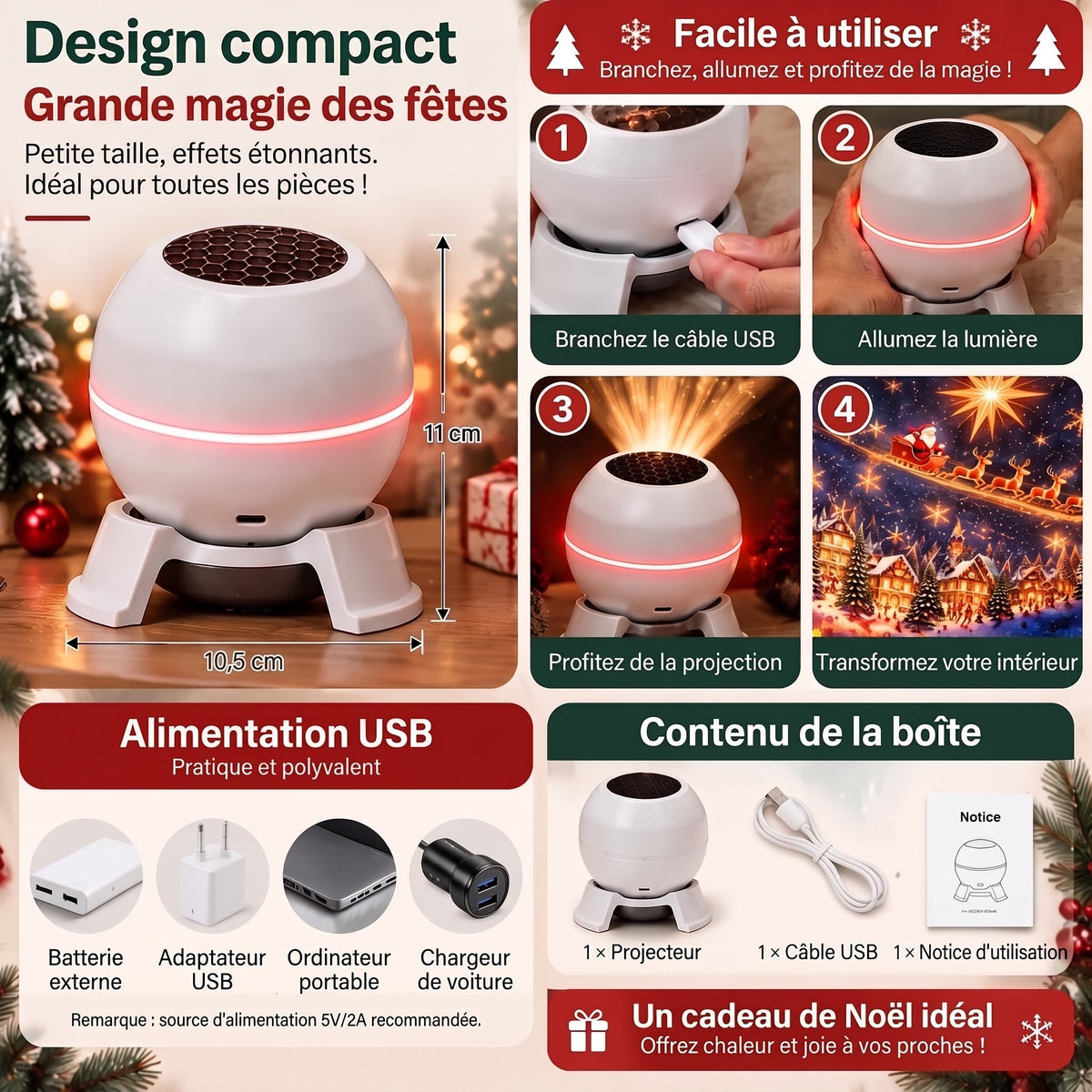 Infographic showing the compact projector with its dimensions, four setup steps, USB power sources and box contents: projector, cable and instruction leaflet. 5