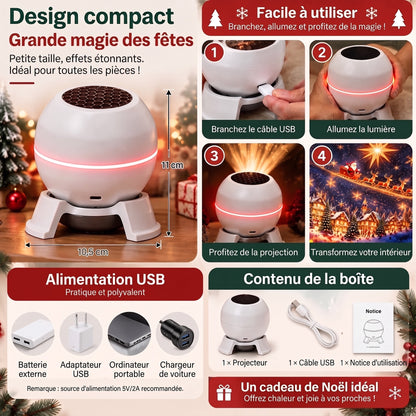 Infographic showing the compact projector with its dimensions, four setup steps, USB power sources and box contents: projector, cable and instruction leaflet. 5