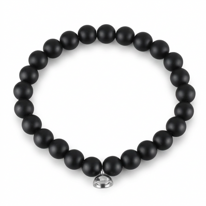 Matte black beaded bracelet with silver charm, cleanly lit on a plain white background 5
