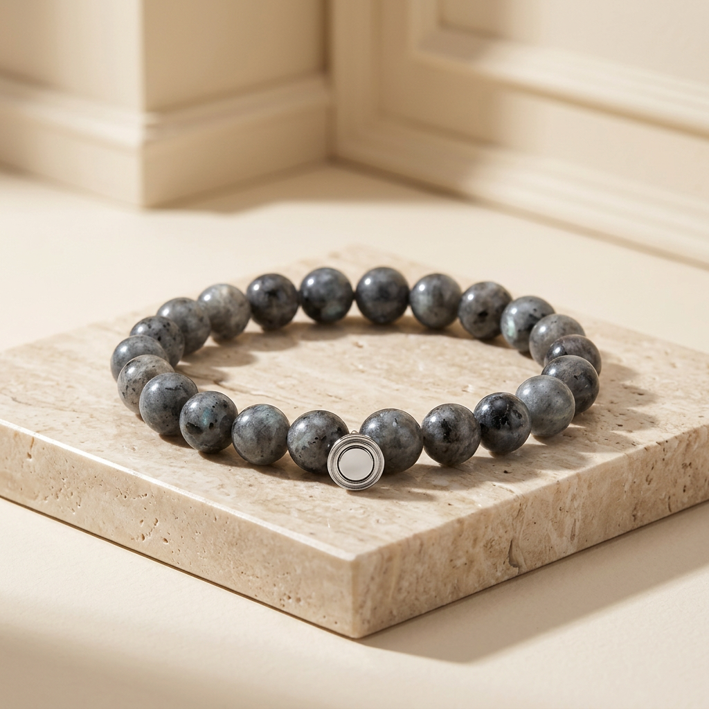 Grey speckled stone bead bracelet with silver round magnetic clasp on a cream travertine block 1