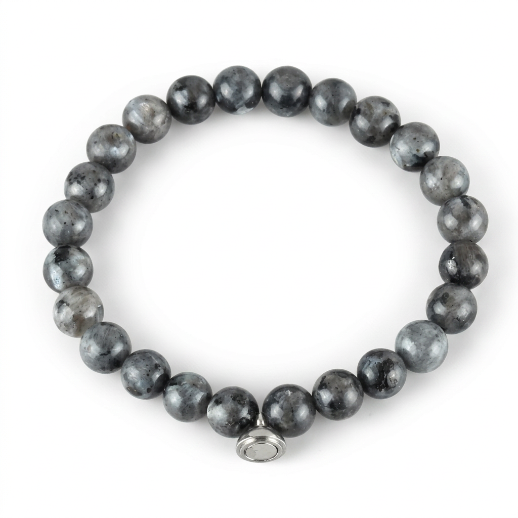 Glossy grey speckled bead bracelet with a silver magnetic charm, on a white background 7