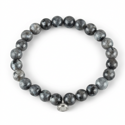 Glossy grey speckled bead bracelet with a silver magnetic charm, on a white background 7