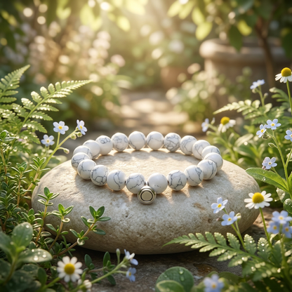 White marbled bead bracelet with a silver charm resting on a smooth stone among ferns and small flowers 1