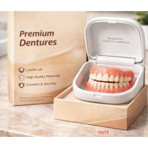 Full upper and lower denture set resting in an open white storage case beside a cream cardboard gift box on a marble surface. 1