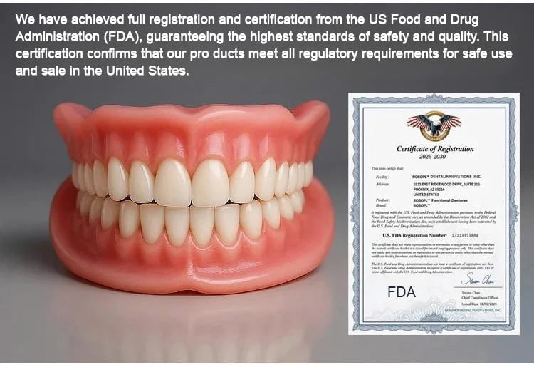 Full arch denture set with pink gums and white teeth next to a regulatory registration certificate and a short paragraph of text. 9