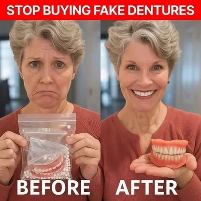 Before and after of a grey-haired woman, frowning while holding a bag of loose dental putty beads, then smiling while holding the finished denture set. 10