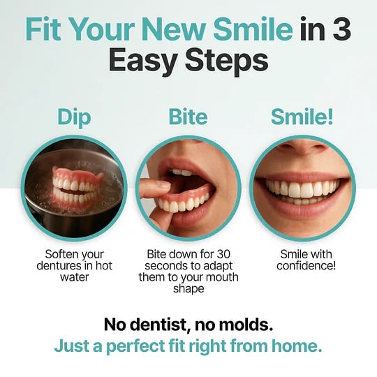 Three-step fitting guide showing dentures softening in hot water, a woman biting to shape them, and a confident smile afterwards. 12