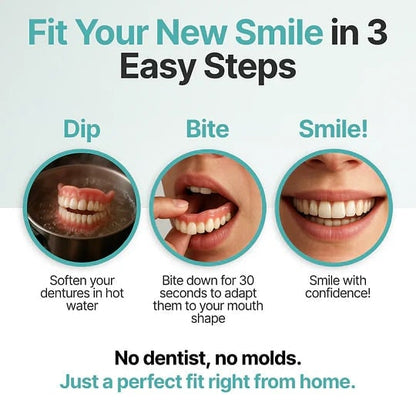 Three-step fitting guide showing dentures softening in hot water, a woman biting to shape them, and a confident smile afterwards. 12