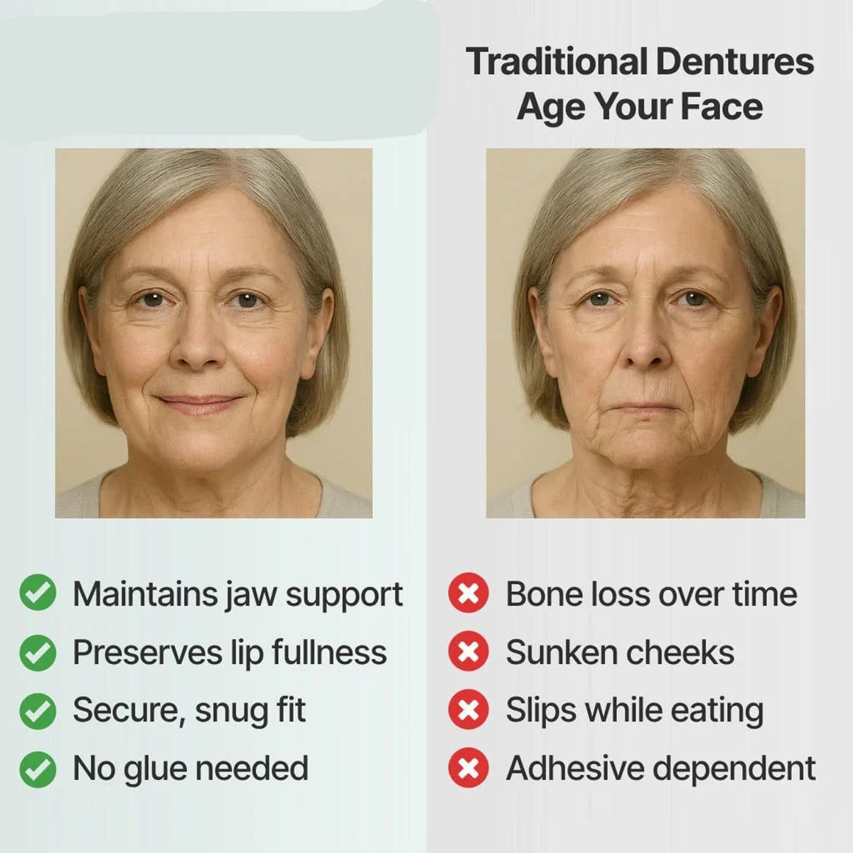 Side-by-side comparison of an older woman's face, fuller and smoother with supportive dentures versus sunken and more wrinkled with traditional dentures. 7