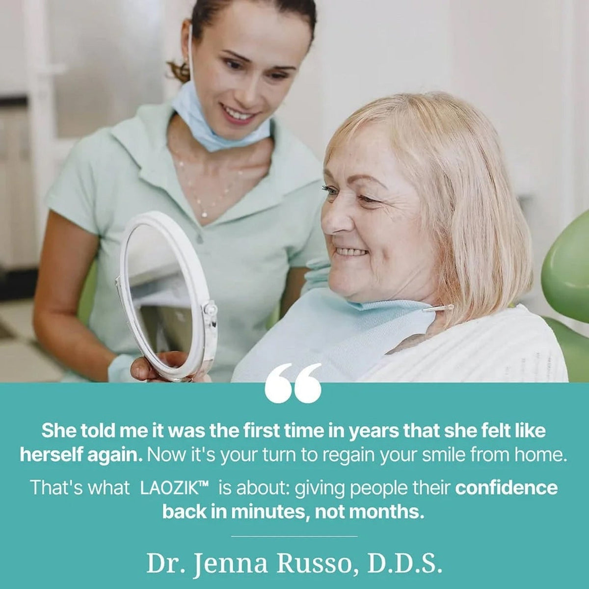 Dental professional in pale green scrubs smiles beside an older woman who admires her new smile in a hand mirror. 4