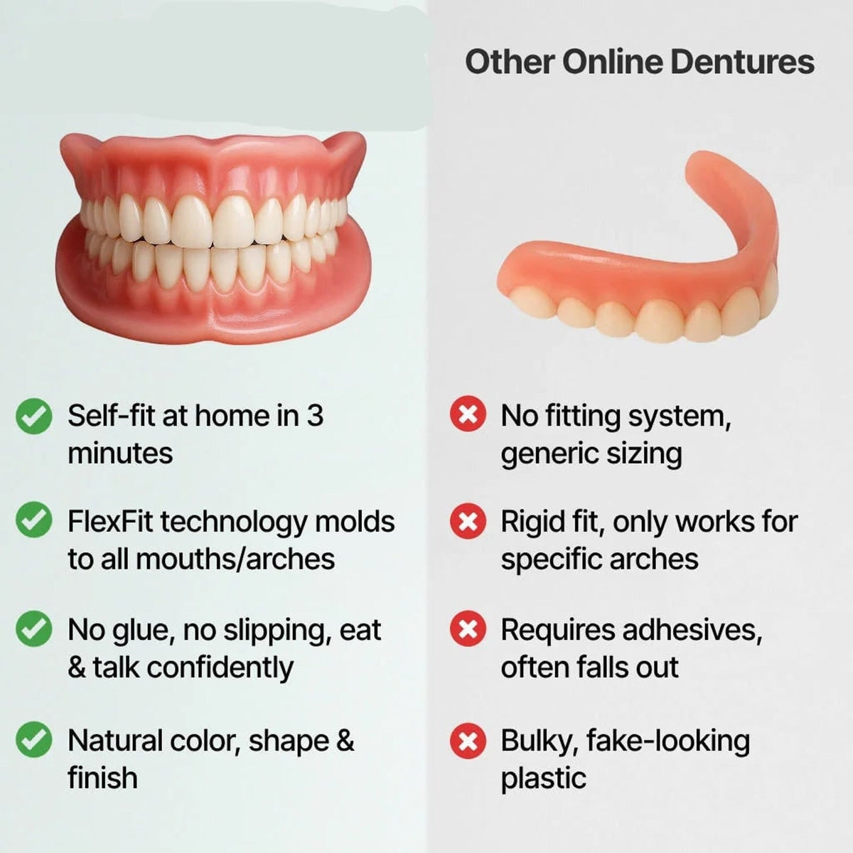 Comparison of the full arch denture set with a thin, rigid-looking single upper plate from other online dentures, with feature lists beneath. 8