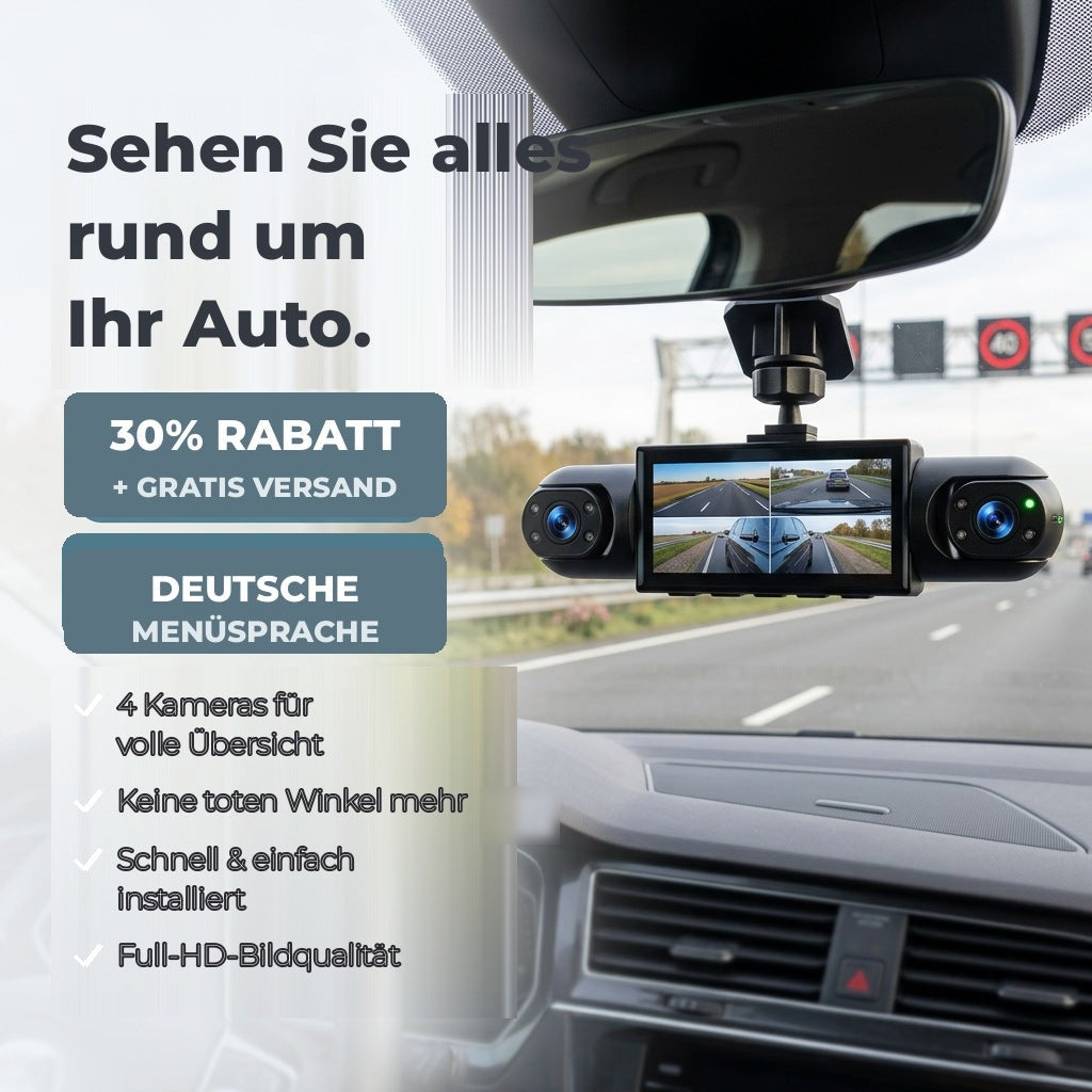 Dash cam with two side lenses and a split-screen display, mounted below a car's rear-view mirror on a motorway. 1