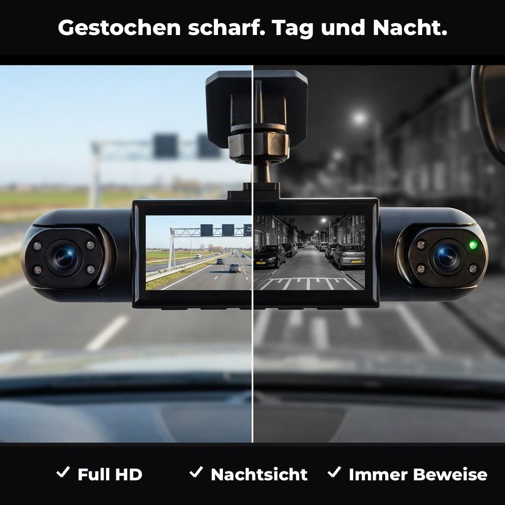 Split view of the camera on a windscreen, with a clear daytime motorway on the left and night vision street on the right. 3