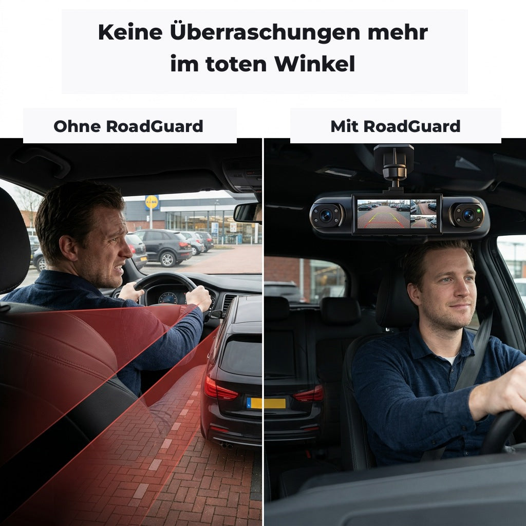 Side-by-side of a driver reversing and straining to look, versus a relaxed driver using the camera's rear view. 4