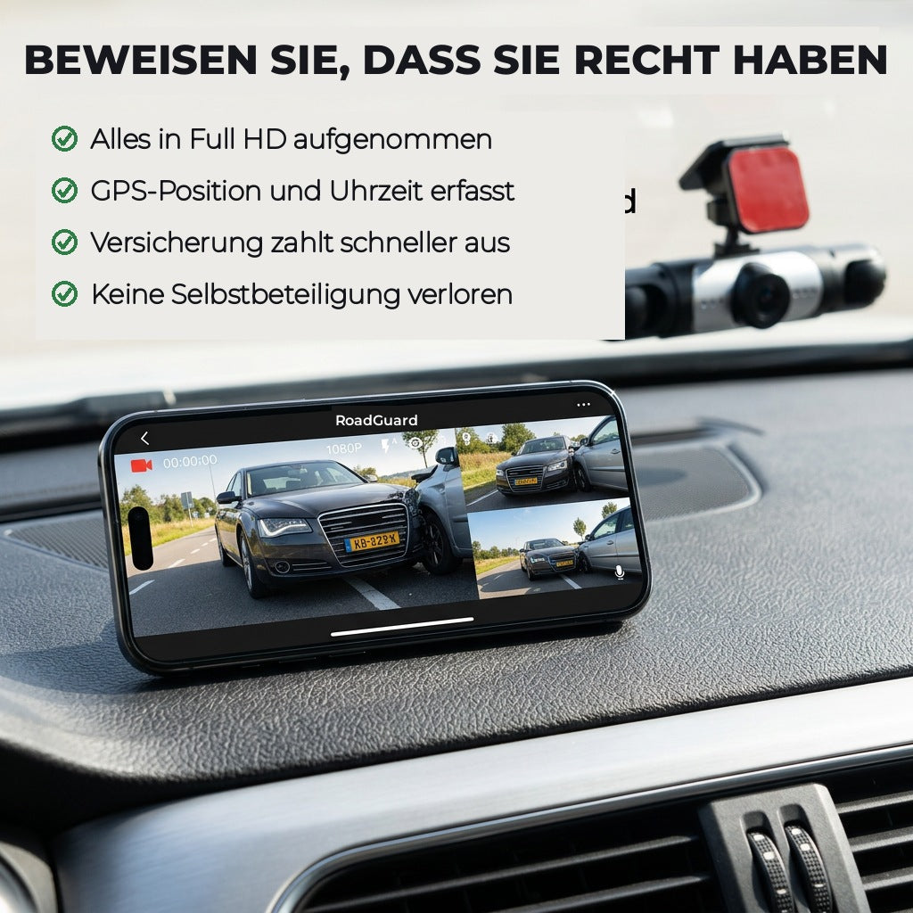 Smartphone on the dashboard showing live camera footage of a collision, with the dash cam visible on the windscreen behind. 5