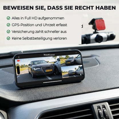 Smartphone on the dashboard showing live camera footage of a collision, with the dash cam visible on the windscreen behind. 5