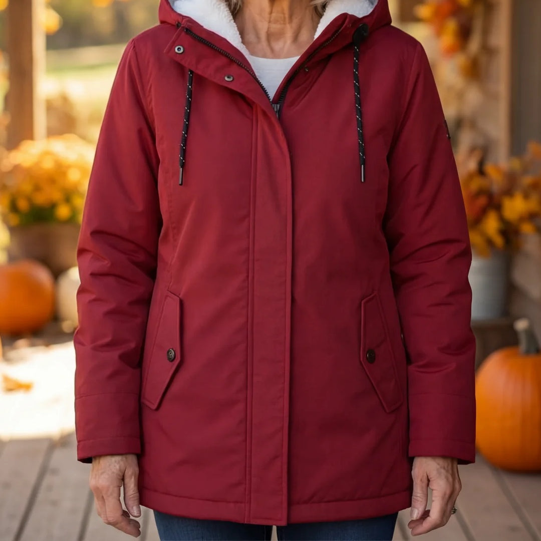 Close-up of the red parka worn on an autumn porch, showing drawcords, flap pockets and zip placket 2