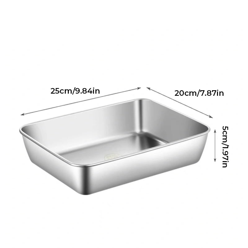 Larger shallow rectangular steel tray without a lid, with length, width and height measurements marked in centimetres and inches. 16