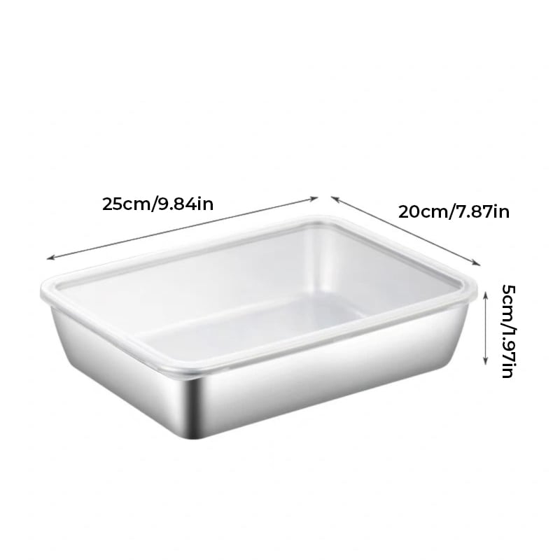 Larger shallow rectangular steel tray with a clear lid fitted, showing length, width and height measurements in centimetres and inches. 17