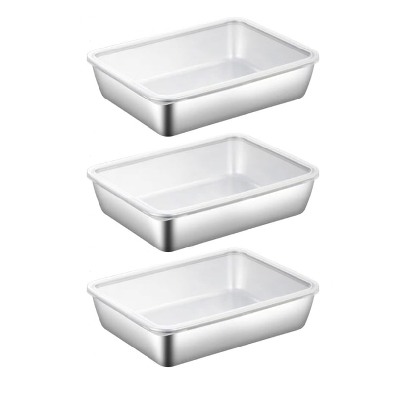 Three larger shallow rectangular steel trays with clear lids fitted, arranged in a column on a white background. 19