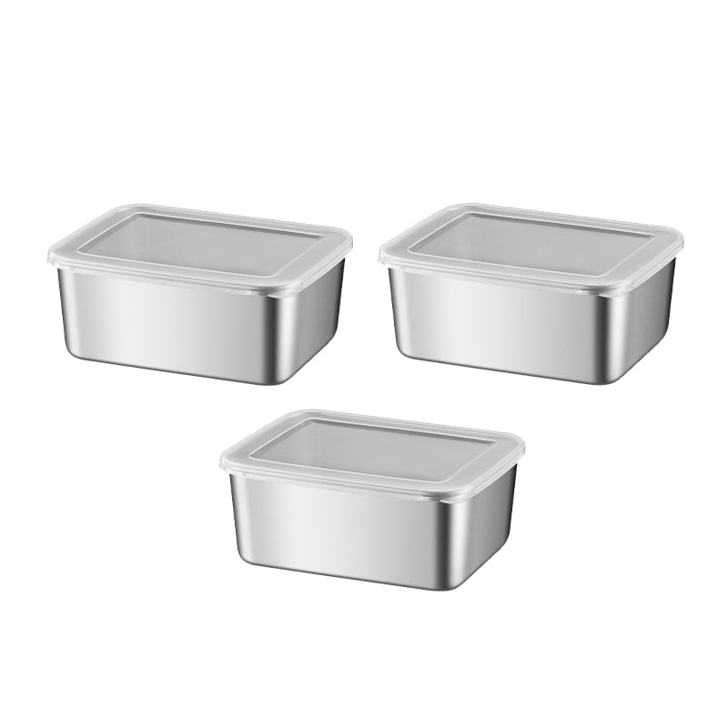 Three rectangular stainless steel containers with clear lids fitted, arranged in a triangle on a white background. 20
