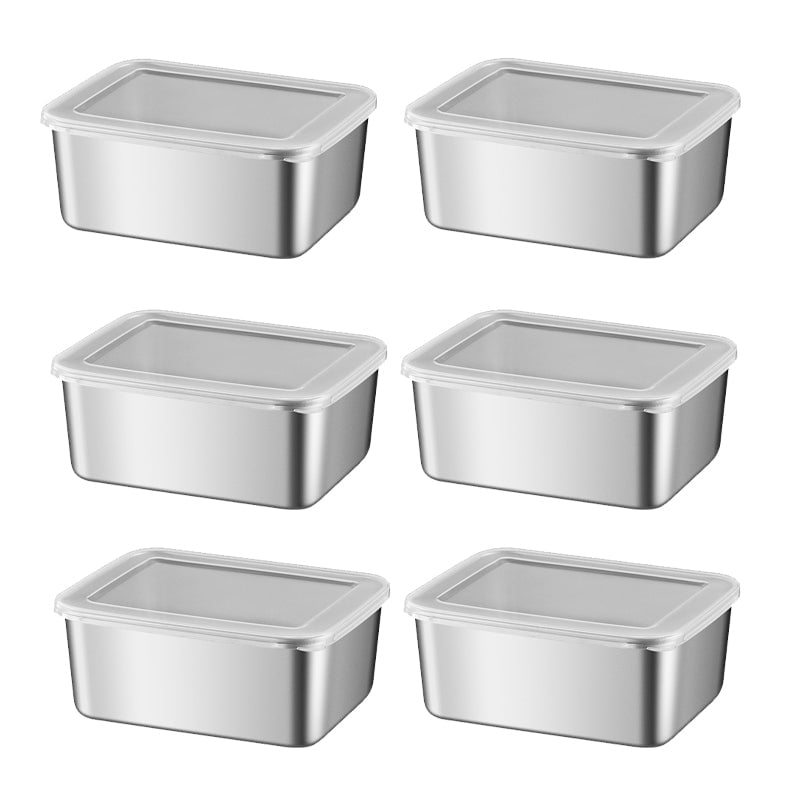 Six deep rectangular stainless steel containers arranged in three rows of two, each fitted with a clear plastic lid. 21