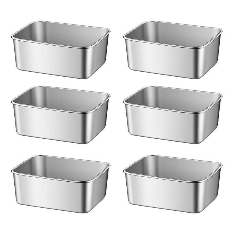 Six deep rectangular stainless steel containers without lids, arranged in three rows of two to show the open interiors. 23