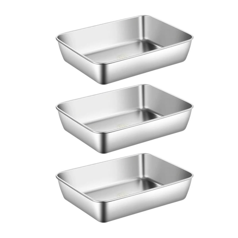 Three shallow rectangular stainless steel trays stacked in a vertical column, shown without lids and with sloping sides. 24