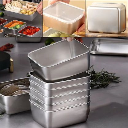 Collage showing food-filled containers, a clear lid being fitted, a single steel box, and a stack of five containers on a worktop. 2