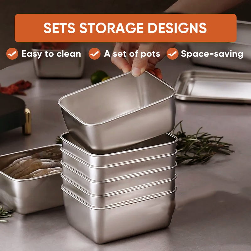Hand lifting the top container from a stack of five steel boxes on a worktop beside rosemary, with feature icons above. 4
