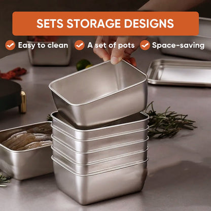 Hand lifting the top container from a stack of five steel boxes on a worktop beside rosemary, with feature icons above. 4
