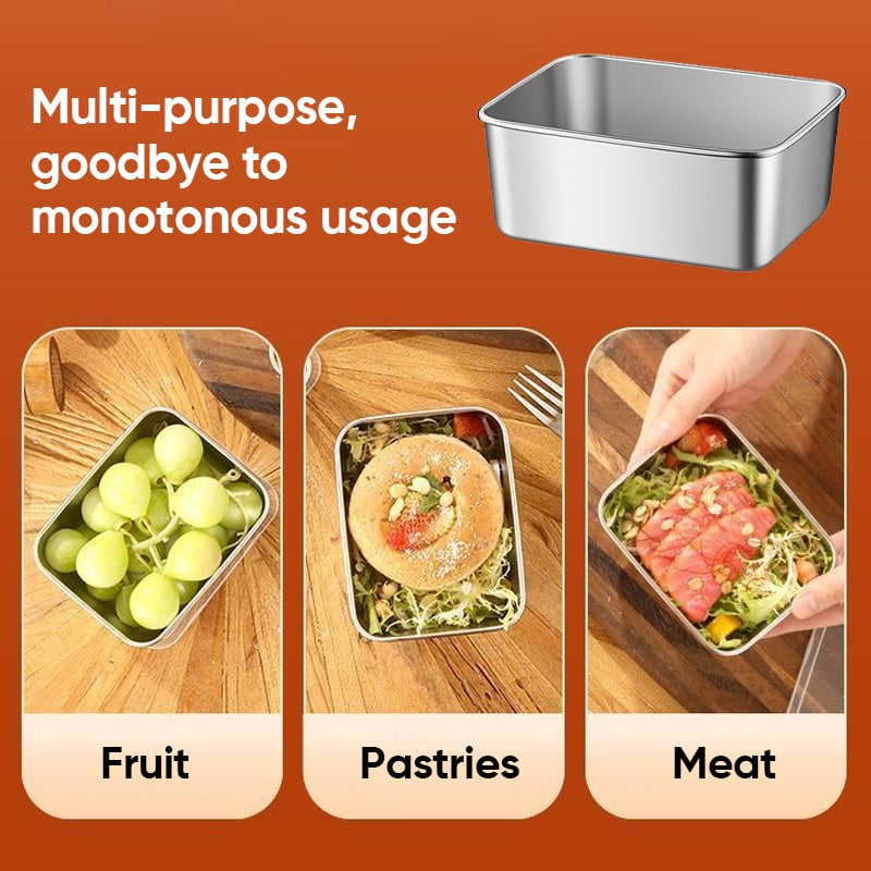 One empty steel container above three small photos showing it filled with grapes, a pastry on salad, and sliced meat on salad. 6