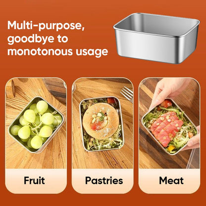 One empty steel container above three small photos showing it filled with grapes, a pastry on salad, and sliced meat on salad. 6