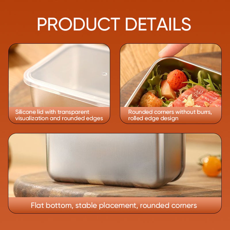 Three close-ups of the container: the clear lid with rounded edges, the smooth rolled rim, and the flat base on a wooden board. 7
