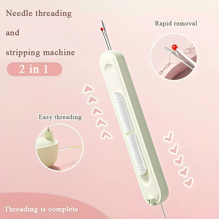 Cream pen-shaped tool with a slider, red-tipped seam ripper on top and two close-up insets 1