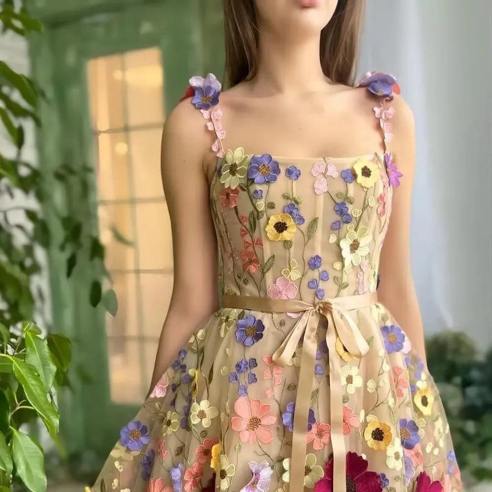 Lovely Dress with Floral Embroidery and Straps - Lilac