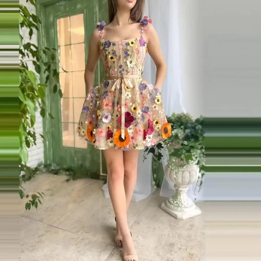 Lovely Dress with Floral Embroidery and Straps - Lilac