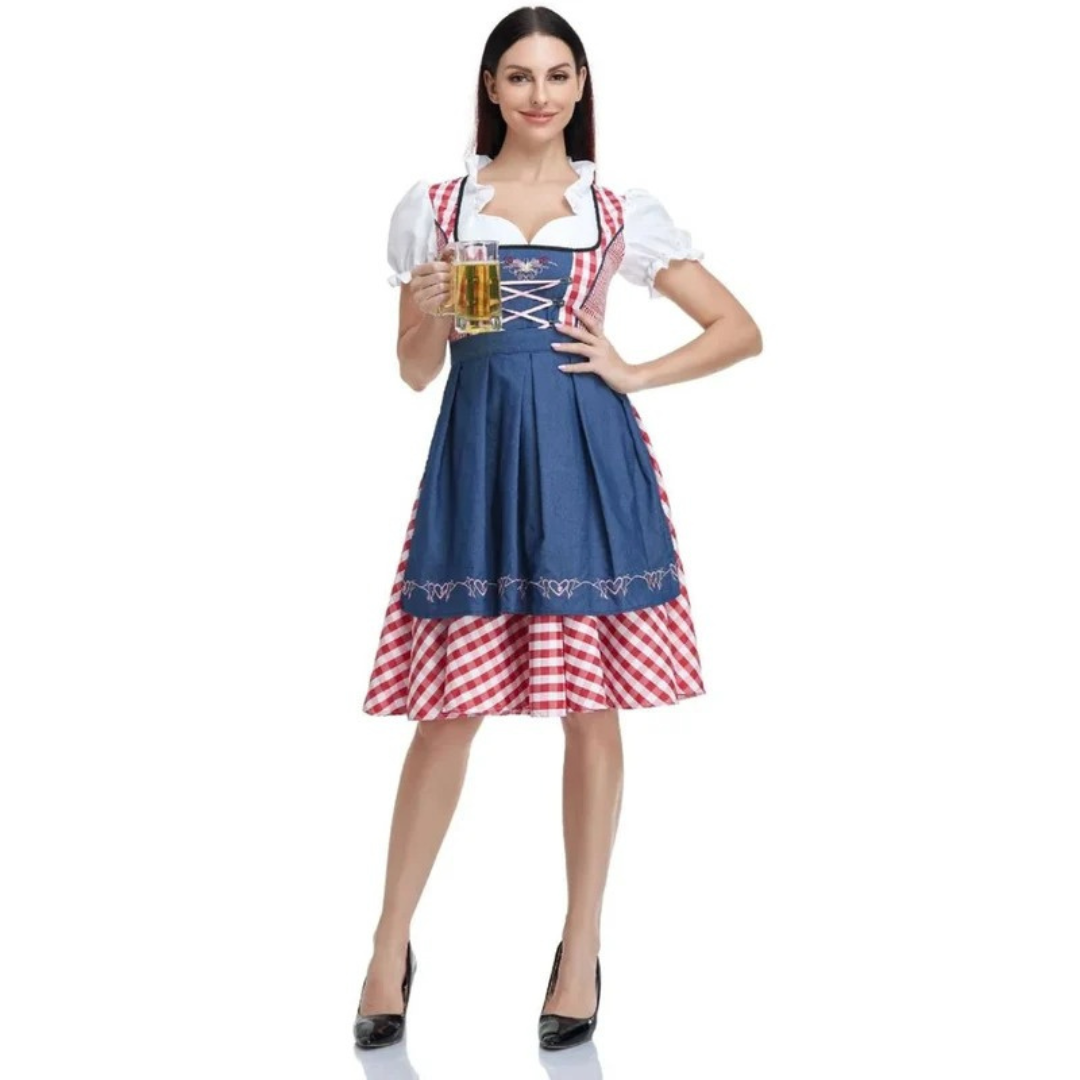 Full-length front view of the red gingham dirndl with a blue apron, pink bodice lacing and a model holding a beer. 7