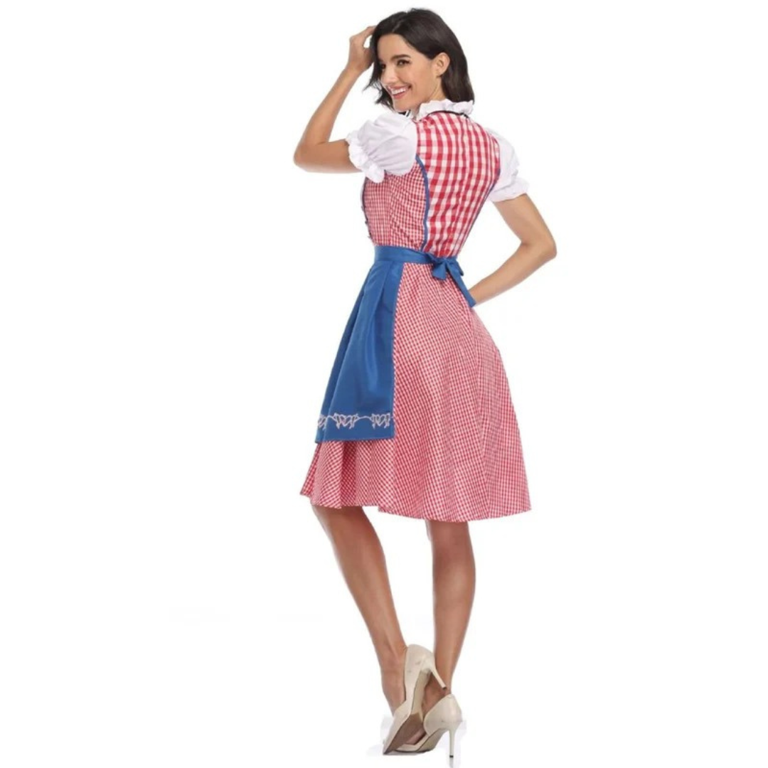 Rear view of the red gingham dirndl with blue apron bow at the waist, model glancing back over her shoulder. 9