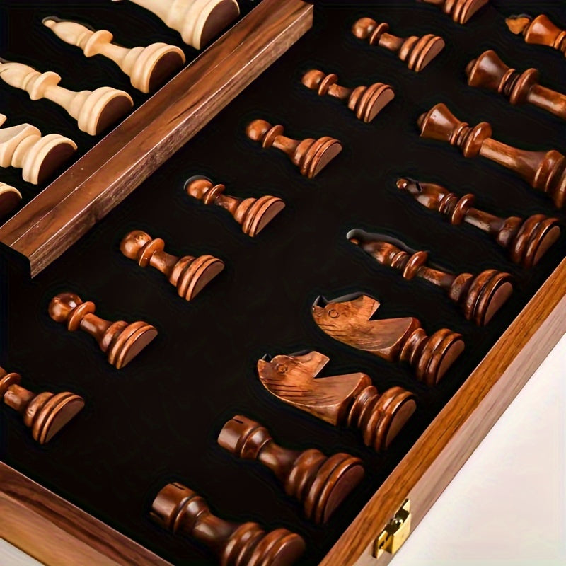 Close-up of the open case, showing dark velvet-lined slots holding the dark and light pieces 3