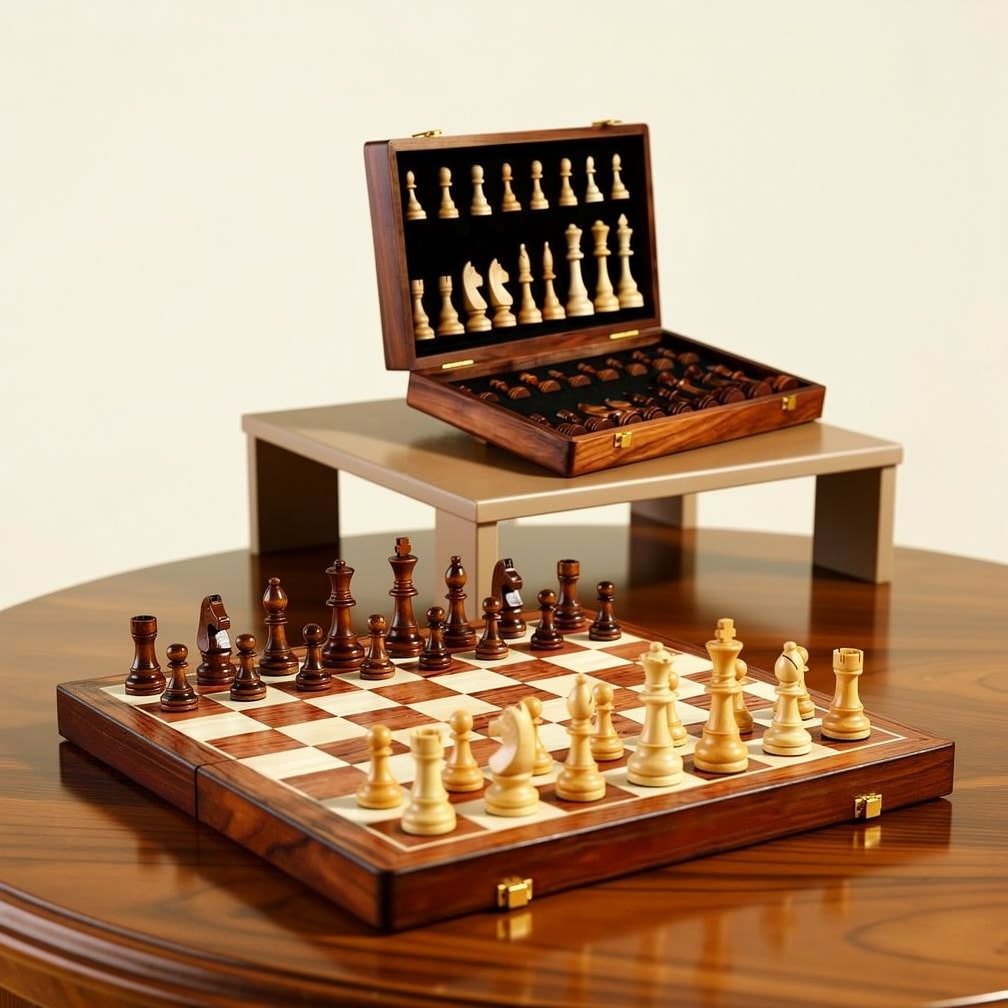 Chess set open on a round wooden table, with its lined case displayed behind on a stand 1