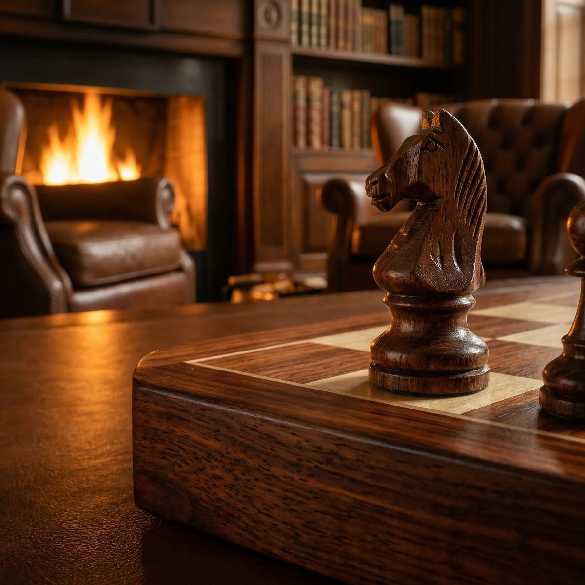 Close-up of a carved dark wooden knight on the board's edge, with a fireplace and armchairs behind 6